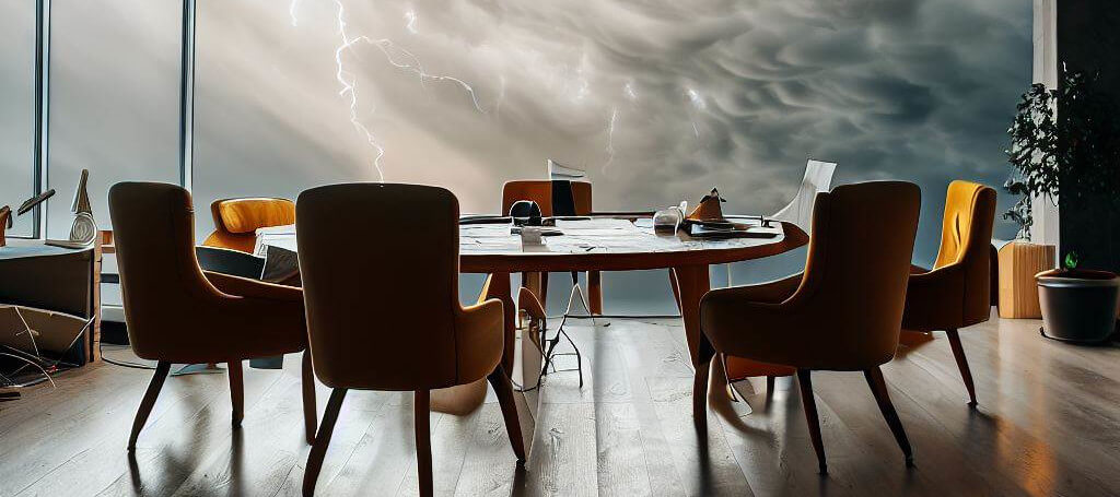 Ein runder Tisch und Stühle vor einer Fensterfront. Draußen ein Gewitter